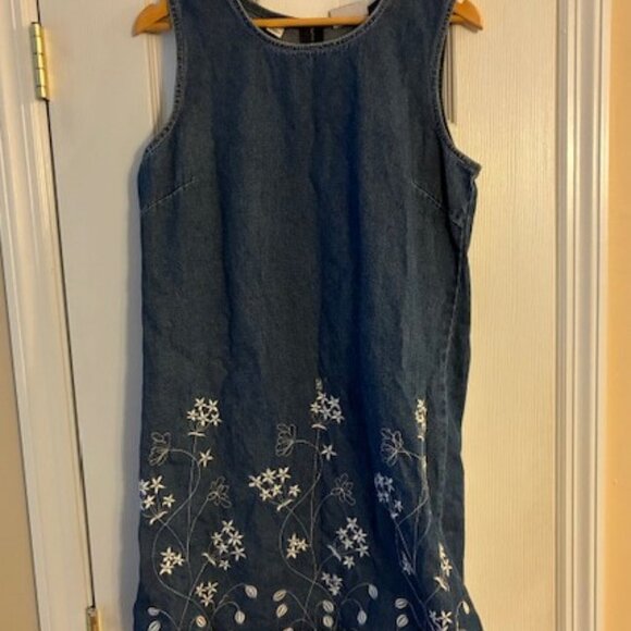 J.L.N.Y. Women's Blue Medium Wash Denim Jean Dress Embroidery Flowers Size L - Picture 1 of 10